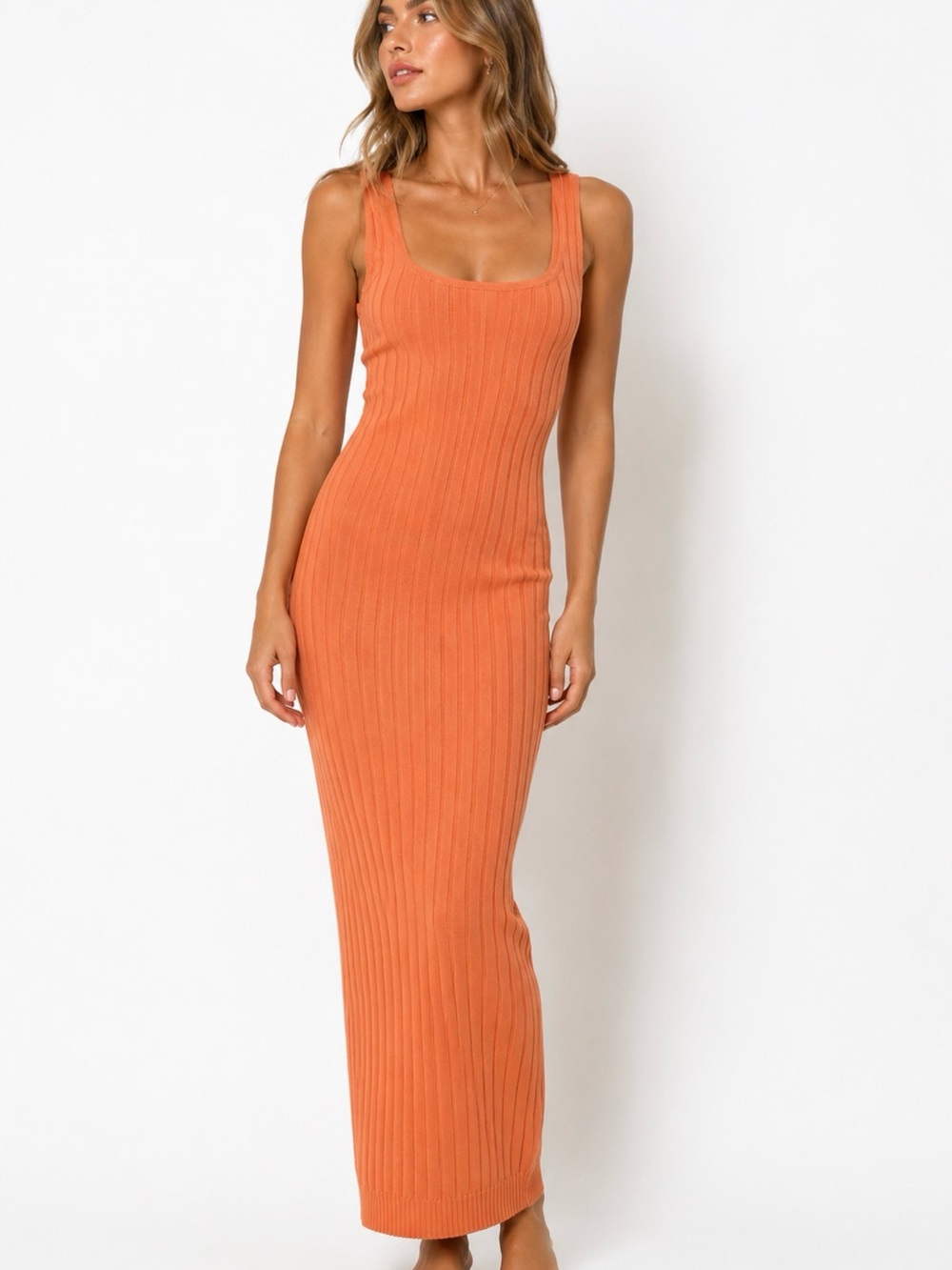 Windsor Orange Sleeveless Ribbed Maxi Dress